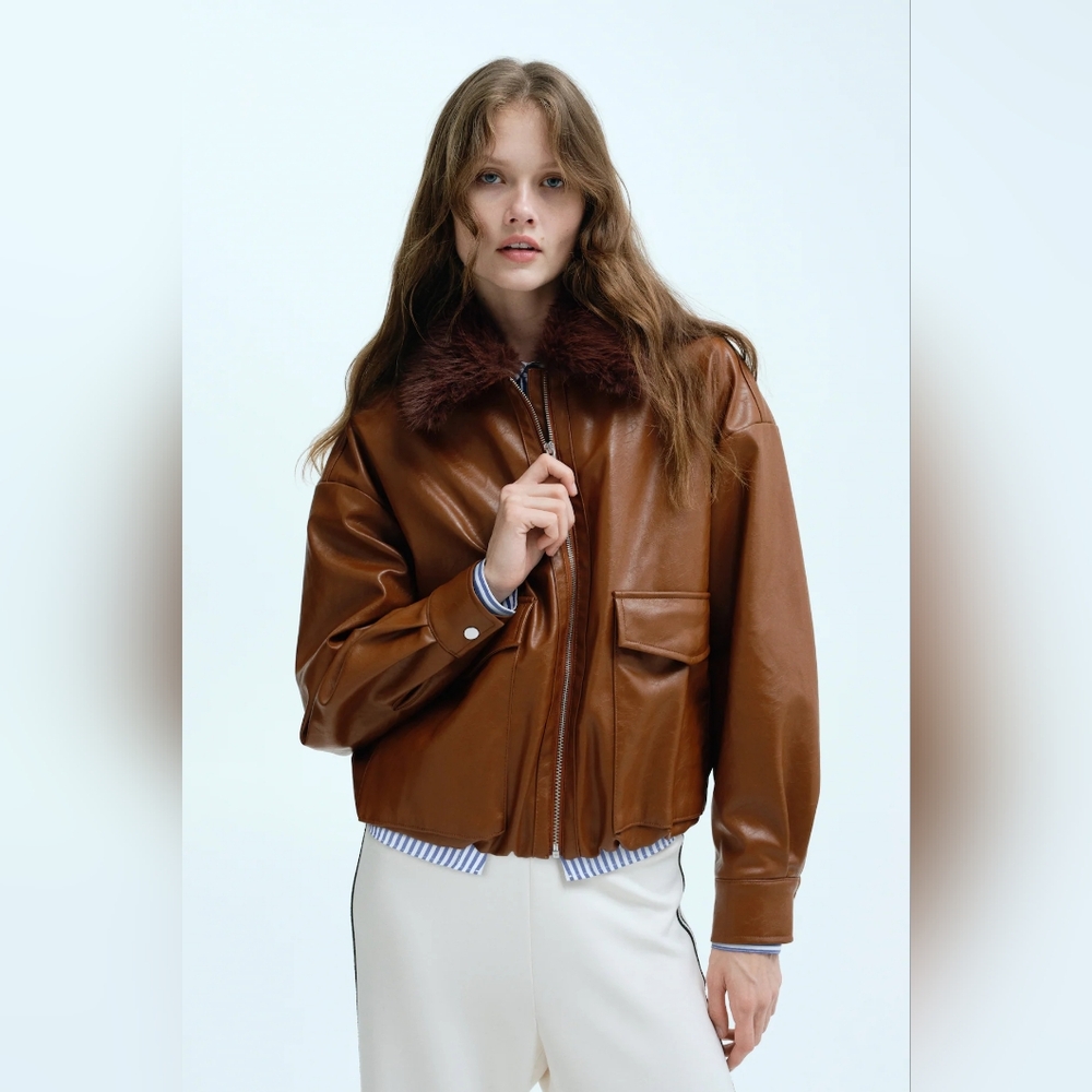 NWT Divided By H&M Brown Bomber Jacket with Fluffy Collar Size Small